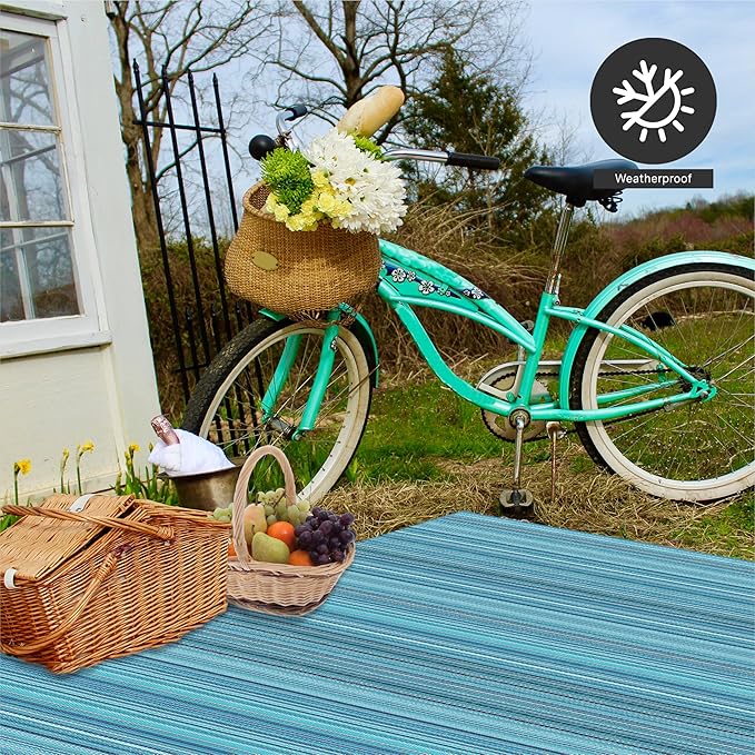 FH Home Outdoor Rug - Waterproof, Fade Resistant, Crease-Free - Premium Recycled Plastic - Striped - Patio, Deck, Porch, Balcony, Laundry Room - Havana - Turquoise Crease Free - 4 x 6 ft