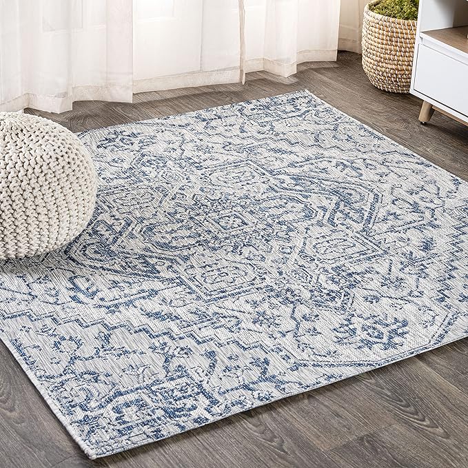 JONATHAN Y SMB105B-8SQ Estrella Bohemian Medallion Textured Weave Indoor/Outdoor Area Rug, Coastal, Traditional, Vintage for Bedroom, Kitchen, Living Room, Easy-Cleaning, Navy/Gray, 8' Square