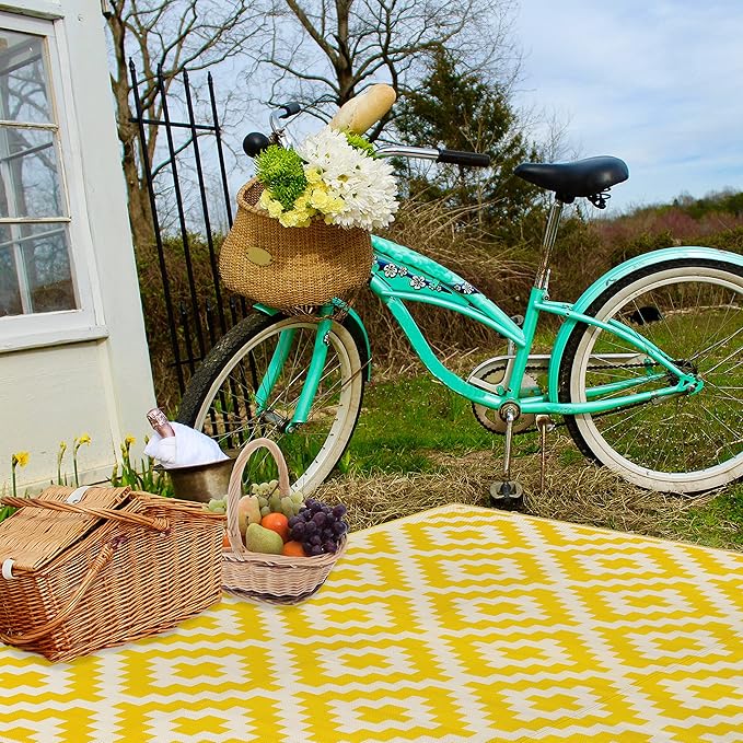 FH Home Outdoor Camping Rug - Waterproof, Fade Resistant, Reversible - Premium Recycled Plastic - Geometric - Large Patio, Deck, Sunroom, RV - Aztec - Yellow & White - 9 x 18 ft Foldable