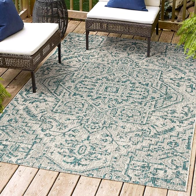 JONATHAN Y SMB105C-8 Estrella Bohemian Medallion Textured Weave Teal/Gray 8 ft. x 10 ft. Indoor/Outdoor Area Rug Coastal, Traditional, Transitional, Perfect for Backyard, Patio, Porch