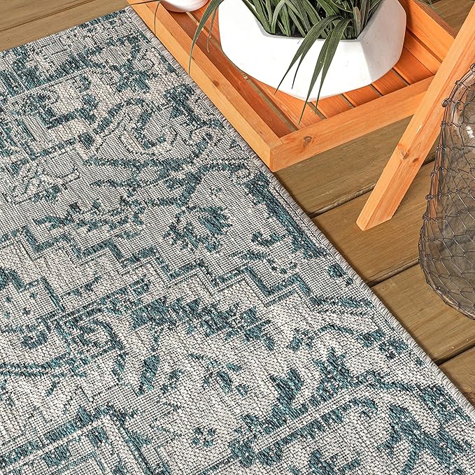 JONATHAN Y SMB105C-6R Estrella Bohemian Medallion Textured Weave Teal/Gray 6' Round Indoor/Outdoor Area Rug, Pet Friendly, Non-Shedding, Stain Resistant, Easy-Cleaning for Backyard, Patio, Porch