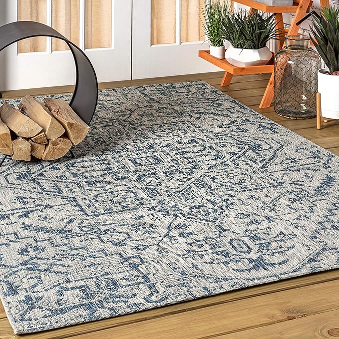 JONATHAN Y SMB105B-8 Estrella Bohemian Medallion Textured Weave Indoor/Outdoor Navy/Gray 8 ft. x 10 ft. Area Rug Coastal, Easy Cleaning, for High Traffic, Kitchen, Living Room, Backyard, Non Shedding