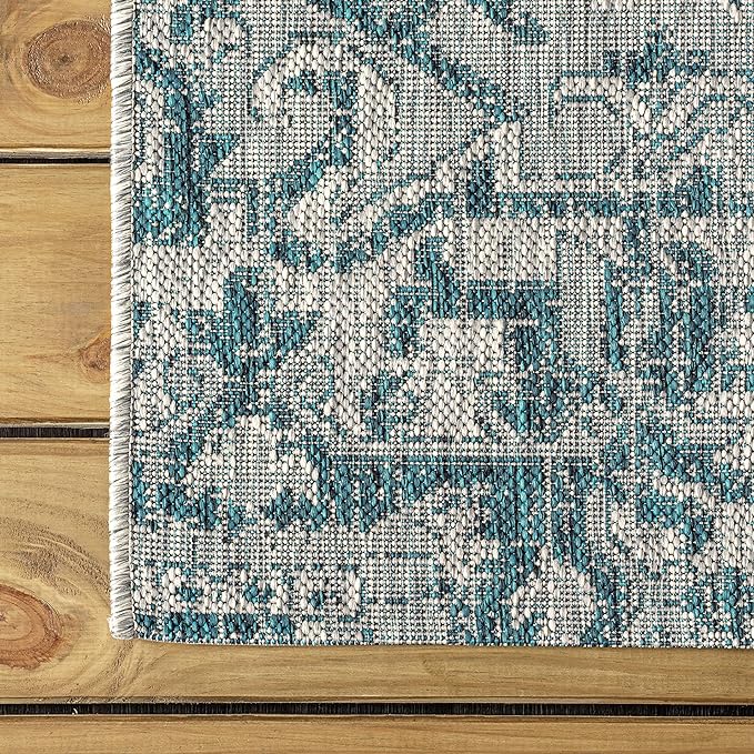 JONATHAN Y SMB105C-210 Estrella Bohemian Medallion Textured Weave Indoor Outdoor Runner Rug Coastal Bohemian Rustic Glam Easy-Cleaning Bedroom Kitchen Backyard Patio Non Shedding, 2 X 10, Teal/Gray