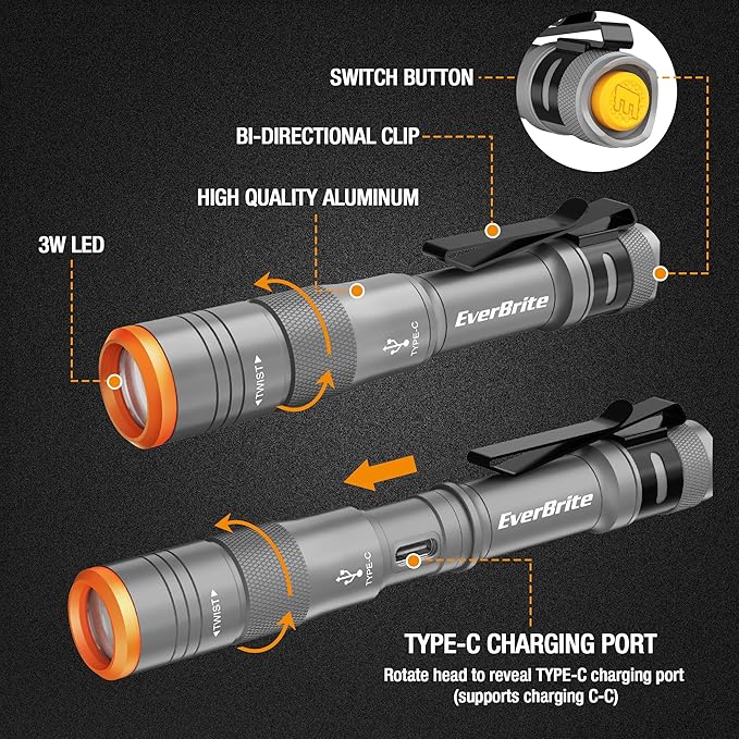 EverBrite Mini Pen Light, Rechargeable Pocket Pen Flashlight with USB C Cable, 4 Light Modes, 300 Lumens Small Flashlight with Clip for Inspection, Repair, Outdoors, Emergency, Gunmetal grey
