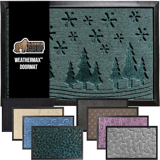 GORILLA GRIP 100% Waterproof All-Season WeatherMax Doormat, Durable Natural Rubber, Stain and Fade Resistant, Low Profile Winter Indoor Outdoor Door Mats, Holiday Entrance Mat, 17x29, Green Snowscape