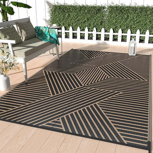GENIMO Outdoor Rug 6'x9' for Patio Waterproof Clearance, Reversible Outdoor Plastic Straw Rug, Lightweight Carpet Camping Mat for Rv, Camper, Picnic, Balcony, Backyard, Deck, Porch, Black & Brown
