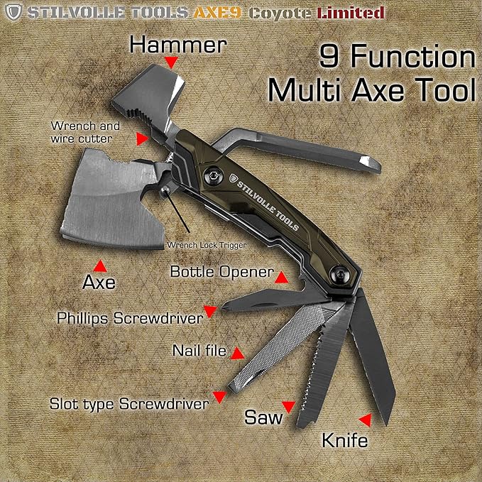 Axe 9 ax with 9-Featured Multi-Tool Hammer, Wrench, Wire Cutter, ax, Bottle Opener, Phillips Screwdriver, Flat-Blade Screwdriver, Nail File, Saw, Knife