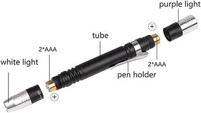 MODOAO LED Flashlight Pen Light, White and purple dual light flashlight for Test，LED Mini Pocket Pen Clip Flashlight work for Camping, Outdoor, Fishing, Emergencies