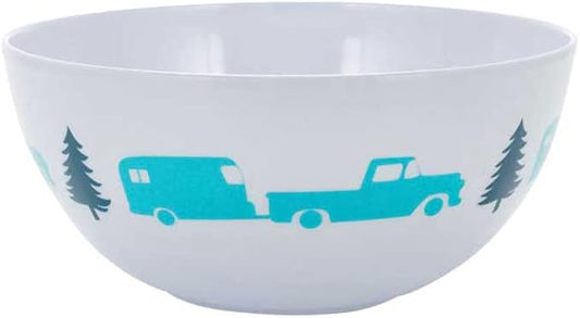 Camco Life is Better at The Campsite Bowl- White with Teal and Navy Retro RV, Trailer and Camper Print , Great for Cereal, Fruit and Desert BPA Free, Melamine(53225)