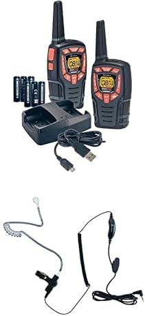Cobra ACXT545 Weather Resistant Walkie Talkies for Adults with Compatible Cobra Surveillance Headset Microphone: Rechargeable, 22 Channels, Long Range, 2 Two-Way Radio’s, 2 Headsets, Black/Orange