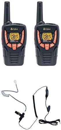 Cobra ACXT345 Weather-Resistant Walkie Talkies for Adults & Compatible Cobra Surveillance Headset: Rechargeable, 22 Channels, Long-Range, 2 Two-Way Radios, 2 Headsets, Black/Orange