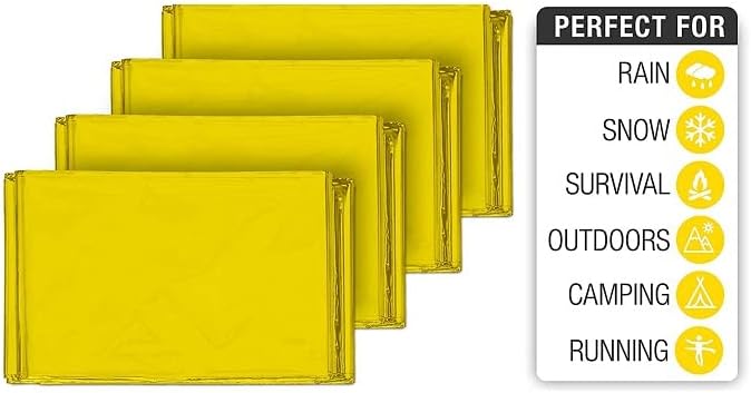 GALAXYLENSE Emergency Mylar Thermal Blanket for Survival First Aid Kits Army Outdoors Hiking Camping Bug Out Trauma Desert All Weather Condition Protection (4 Packs Gold)
