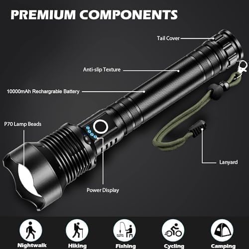 Rechargeable Flashlights 250000 Lumens, Super Bright Led Flashlight High Lumens with USB Cable, 5 Modes Waterproof Flashlight Powerful Flash Light for Camping Hiking