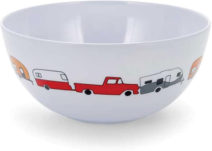 Camco Life is Better at The Campsite Bowl- White with Multicolor Retro RV, Trailer and Camper Print , Great for Cereal, Fruit and Desert BPA Free, Melamine(53222)