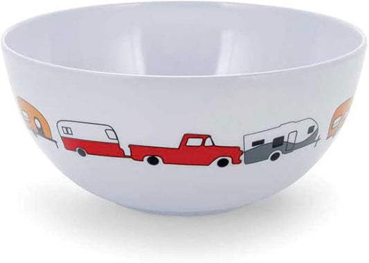 Camco Life is Better at The Campsite Bowl- White with Multicolor Retro RV, Trailer and Camper Print , Great for Cereal, Fruit and Desert BPA Free, Melamine(53222)