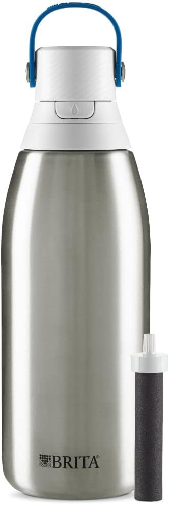 Brita Stainless Steel Premium Filtering Water Bottle, BPA-Free, Reusable, Insulated, Replaces 300 Plastic Water Bottles, Filter Lasts 2 Months or 40 Gallons, Includes 1 Filter, Stainless - 32 oz.