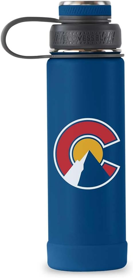 EcoVessel Stainless Steel Water Bottle with Insulated Dual Lid, Insulated Water Bottle with Strainer and Silicone Bottle Bumper, Coffee Mug – 20oz (Navy-Colorado)