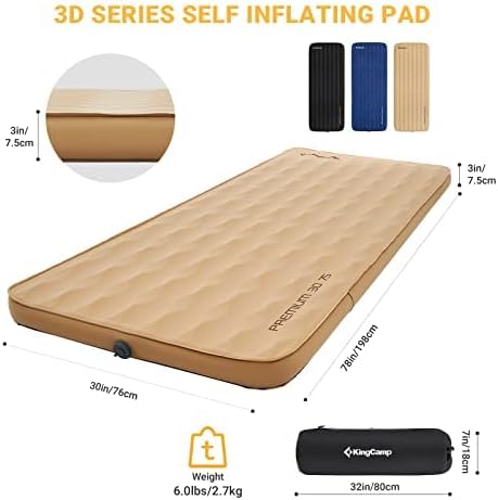 KingCamp Self Inflating Sleeping Pad for Camping Ultra Thick Double Single Foam Mattress High R Value Camping Air Pad Mat, Multi Colors & Sizes