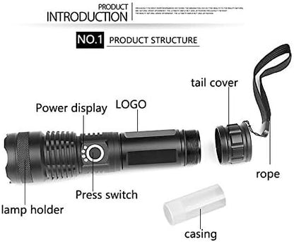 LED Flashlight 90000 lumens Rechargeable Most Powerful USB Torch xhp70 xhp50 Hunting (Gray)