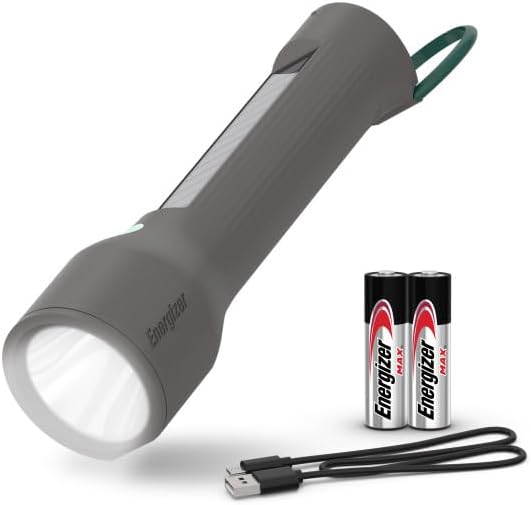 Energizer S-600 Hybrid Power LED Flashlight, Solar, Rechargeable, or AA Battery Powered, IPX4 Water Resistant Bright Flashlight