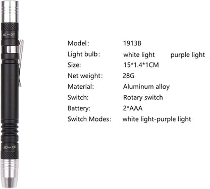 MODOAO LED Flashlight Pen Light, White and purple dual light flashlight for Test，LED Mini Pocket Pen Clip Flashlight work for Camping, Outdoor, Fishing, Emergencies