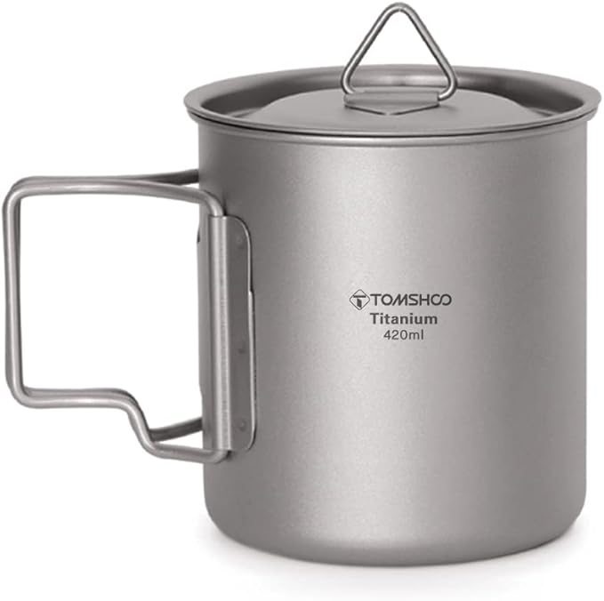 TOMSHOO Camping Titanium Pot Outdoor Titanium Mug with Lid Camping Coffee Cup with Foldable Handle for Camping Hiking Travelling Backpacking Camping Open Fire