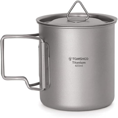 TOMSHOO Camping Titanium Pot Outdoor Titanium Mug with Lid Camping Coffee Cup with Foldable Handle for Camping Hiking Travelling Backpacking Camping Open Fire