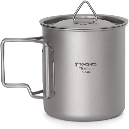 TOMSHOO Camping Titanium Pot Outdoor Titanium Mug with Lid Camping Coffee Cup with Foldable Handle for Camping Hiking Travelling Backpacking Camping Open Fire