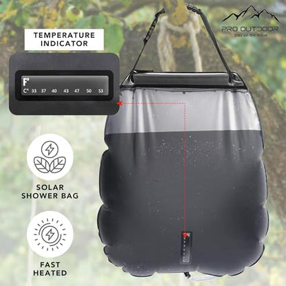 Solar Shower Bag - 5 Gallon / 20 L Portable & Compact Solar Heating Shower, Removable Hose & On-Off Shower Head - Made of Premium ABS Plastic - Ideal for Travel, Camping, Hiking, Fishing