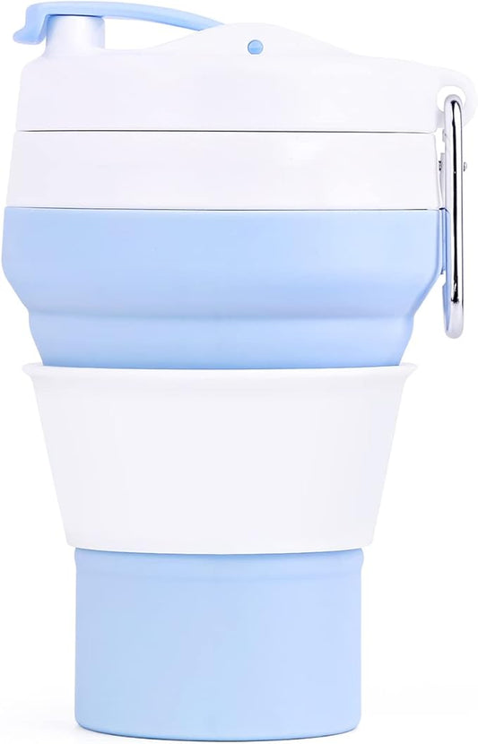 Collapsible Coffee Cup, 20 OZ 600ml Silicone Folding Camping Cup, Leak Proof BPA Free Portable Cup, Travel mug with Lids for hiking (Light Blue)