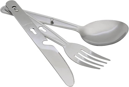 4-in-1 Camping Utensils Hiking Cutlery Set for 4, Portable Stainless Steel Flatware Spoon Fork, Knife & Bottle Opener Combo pack for Picnic Travel, Barbecue, Backpack Outdoor Gear with Carrying Bag