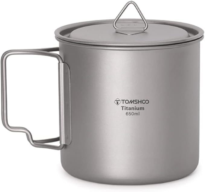 TOMSHOO Titanium Mug 650ml/22 oz Camping Titanium Pot with Lid Camping Coffee Cup with Foldable Handle for Camping Hiking Travelling Backpacking Camping Open Fire