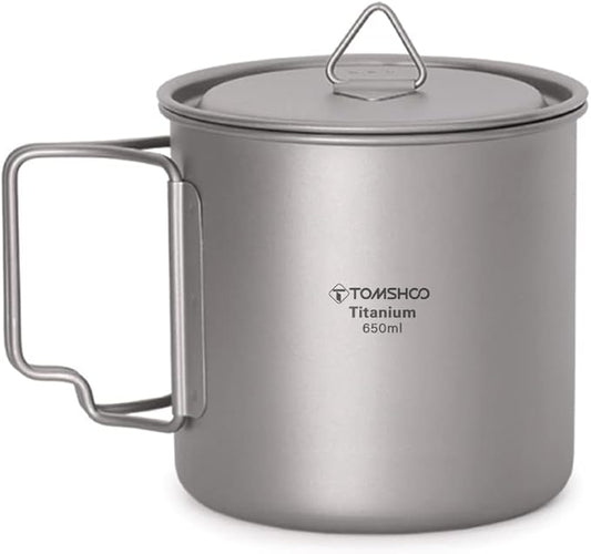 TOMSHOO Titanium Mug 650ml/22 oz Camping Titanium Pot with Lid Camping Coffee Cup with Foldable Handle for Camping Hiking Travelling Backpacking Camping Open Fire