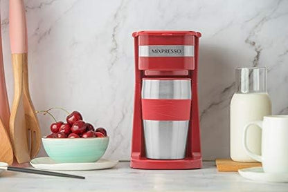 Mixpresso Personal Single-Serve Coffee Maker & 14oz Travel Mug, Drip Small Tumbler With Auto Shut Off & Reusable Filter, Red, Compatible With Coffee Grounds