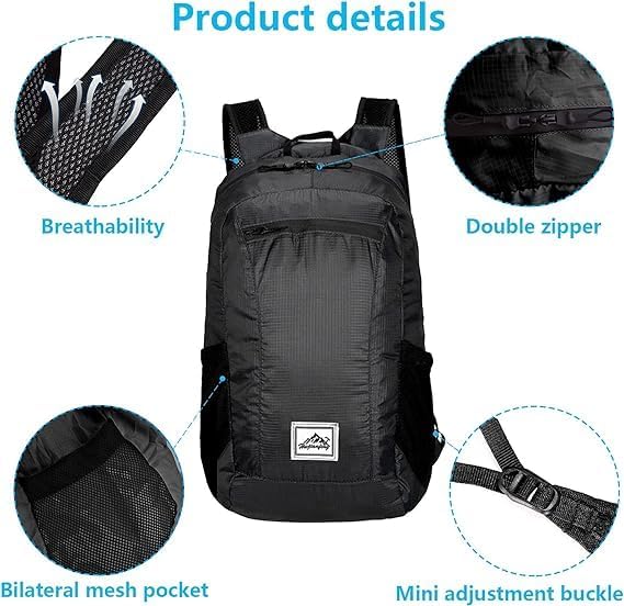 20L Ultra Lightweight Foldable Backpack Small Hiking Rucksack Ultralight Water Resistant Travel Packable Daypack for Men Women for Outdoor Sport Travelling Walking Hiking Camping Biking (Black B)