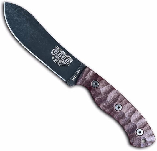 ESEE James Gibson Designed JG5 Nessmuk Fixed Blade Knife w/Sculpted Micarta Handles, Black Oxide Finish, and Brown Leather Pouch Sheath (Burgundy Sculpted Linen Micarta)