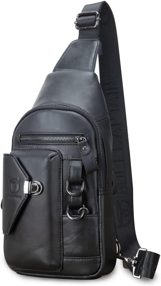 Vintage Genuine Leather Sling Bag Backpack for Men Crossbody with Cellphone Stand Chain Chest Shoulder Crossbody Daypack Black