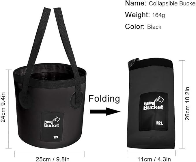 Collapsible Bucket with Handle, Multifunctional Foldable Water Container for Camping, Hiking, Traveling, Fishing, Washing, Gardening, Waterproof, Durable, Lightweight, Black (SFVBLACK, 12L)