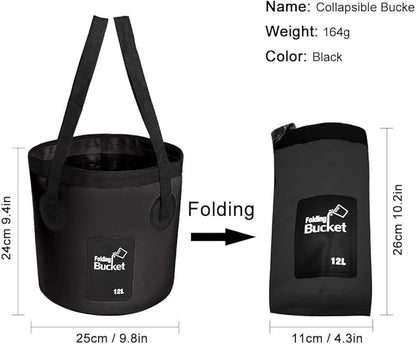 Collapsible Bucket with Handle, Multifunctional Foldable Water Container for Camping, Hiking, Traveling, Fishing, Washing, Gardening, Waterproof, Durable, Lightweight, Black (SFVBLACK, 12L)