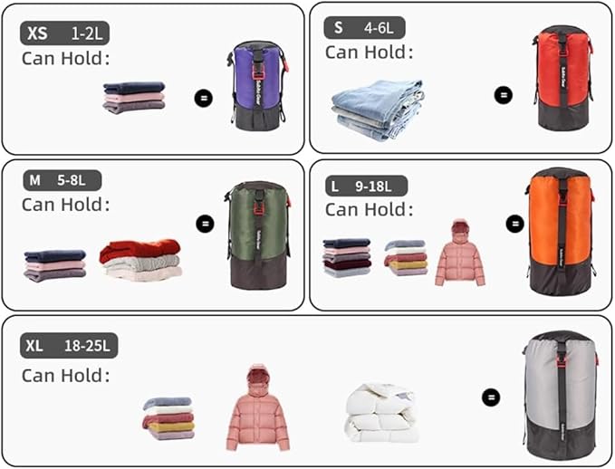 Ultra-Light Compression Stuff Sack, 70D Nylon Sleeping Bag Stuff Sack 1L/5L/7L/17L/25L Compression Bag Space Saving Gear for Camping Hiking Backpacking