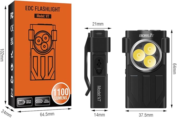 UniqueFire V7 Mini EDC Rechargeable Flashlight 1100 High Lumens, 365nm UV Blacklight 10 Modes Multi-Color Light Source, Small Pocket Keychain Flash light with Magnetic