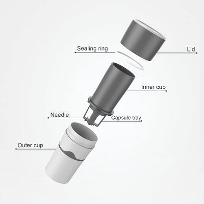 450ml Portable Drip Coffee Travel Mug, Side Leakage Proof Sharing Cup Lid Drip Coffee Machine with 3 Capsules for K Cup Capsules (Grey and White)