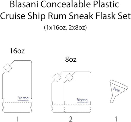 Concealable Plastic Cruise Ship Rum Sneak Flask Kit Set (1x16oz, 2x8oz)