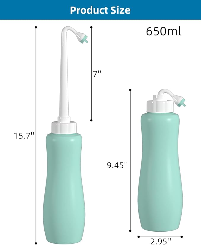 2 Pack Travel Bidet Bottle, Portable Bidet Sprayer Hand held Bidet 650ml for Personal Hygiene Care, On-the-Go Travel Bag Extra Long Pointed Nozzle Spray for Women, Baby and Elderly-Green Bottle