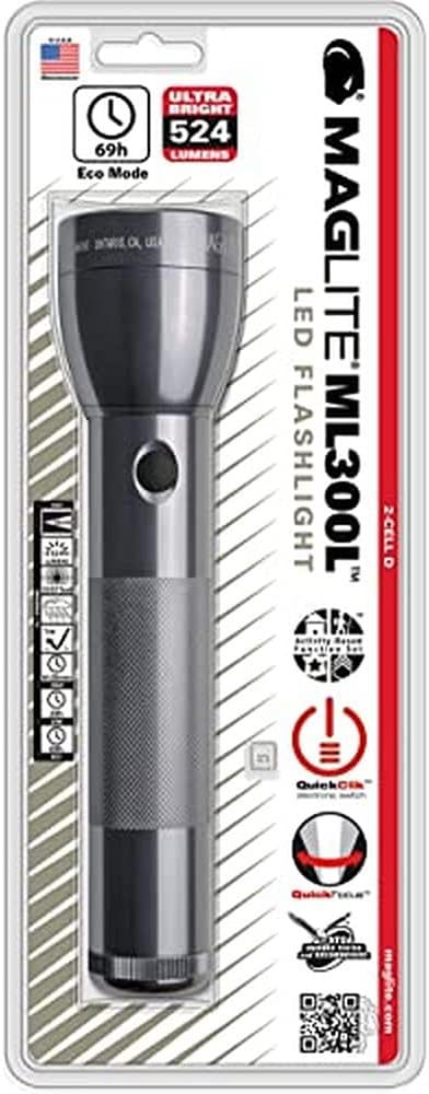 Maglite ML300L LED 2-Cell D Flashlight, Gray