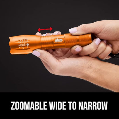 Gorilla Grip Powerful LED 750 FT Water Resistant 5 Adjustable Mode Tactical Flashlight, High Lumens Ultra Bright Battery Zoom Flashlights, Small Camping Car Mini Flash Light Accessories, 2 Pack Orange