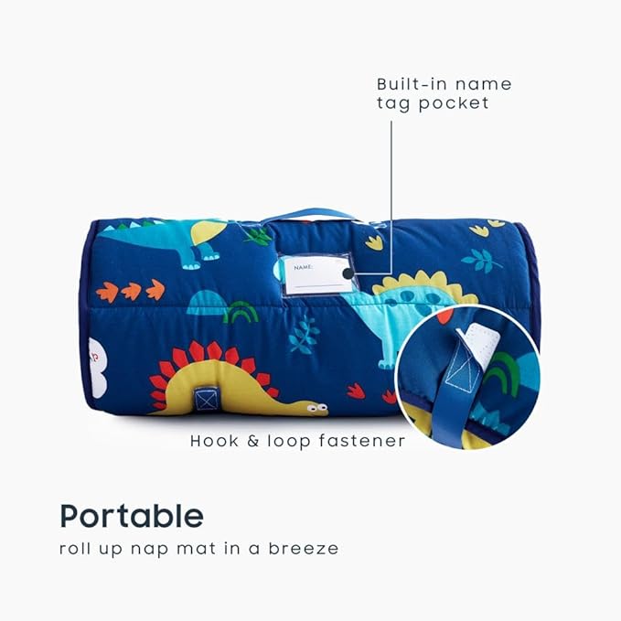 Wake In Cloud - Toddler Nap Mat with Pillow and Blanket, 100% Cotton Fabric, for Kids Boys Girls in Daycare Kindergarten Preschool, Roll Up Sleeping Bag, Dinosaur Navy, Extra Long