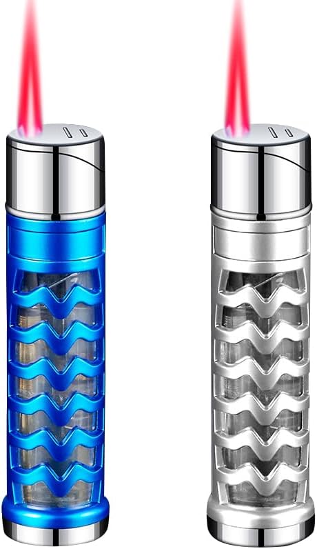 2 Pack Blue and Silver Windproof Butane Jet Torch Lighter,Funny Cool Lighters,Adjustable Jet Flame Torch,Refillable,Grill BBQ Candle Camping(Without Gas)