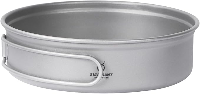 Camping Plate Titanium Pan Dish Plate with Handle & Mesh Bag, Large Reuseable Ultralight Dinner Plate for Camping Outdoors Backpacking (450ML)