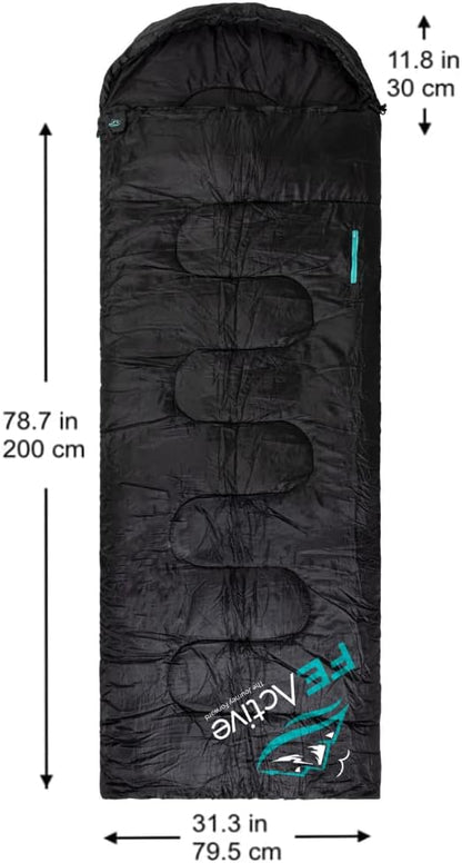 FE Active Camping Sleeping Bag - 3-4 Seasons Extra Long or Lightweight Hooded, Warm Outdoor Compact & Lightweight Sleeping Bag for Camping, Backpacking, Hiking, Travel | Designed in California, USA